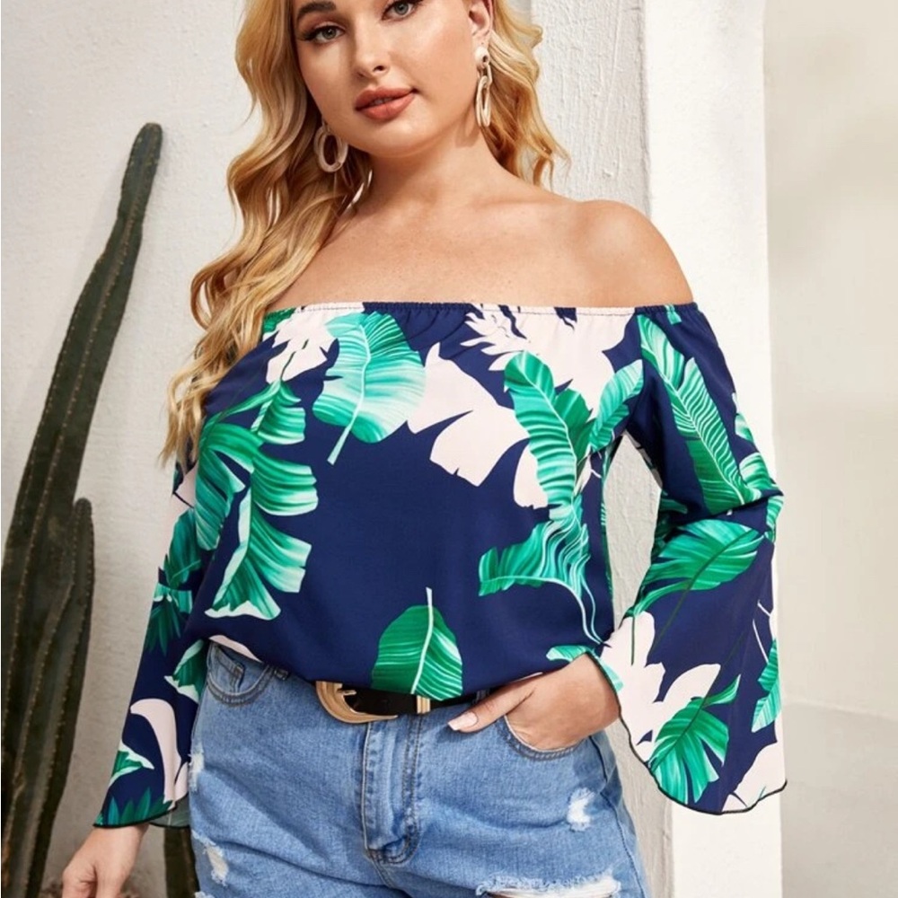 Off-Shoulder 2x tropical pattern long sleeve blouse